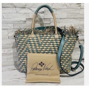 Patricia Nash Leather Turquoise Blue and Tan Straw Woven Tote